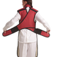 Back view of a female model wearing a coat apron with flex back and an integrated thyroid guard. The apron is Bordeaux red in color with a beige center line and has unfastened velcro fasteners held in the model's hands.
