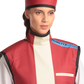 Frontal half-length view of a female model wearing a red radiation protection head shield and a coat apron with integrated thyroid guard.