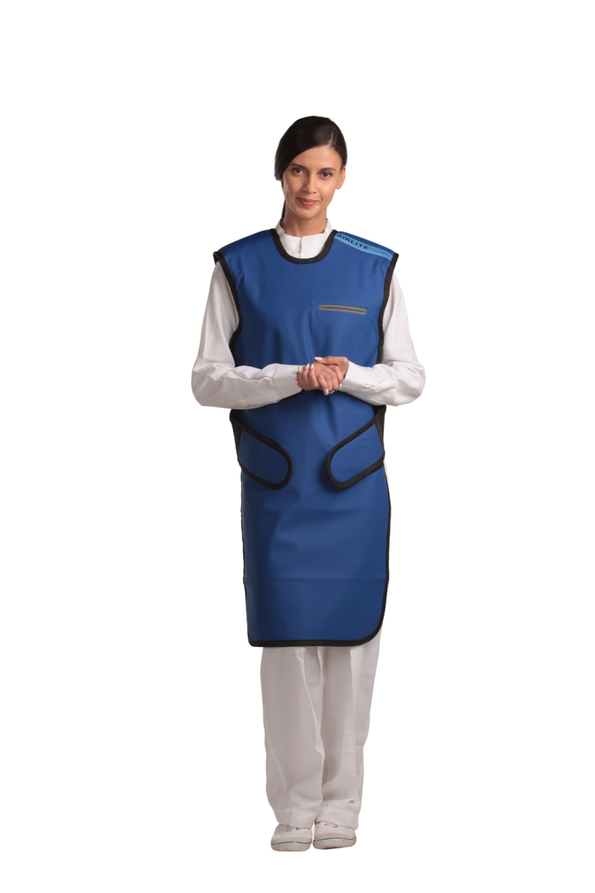 A full fontal view of a female model wearing an electric blue, grey-lined coat apron with her hands clasped below her chest.
