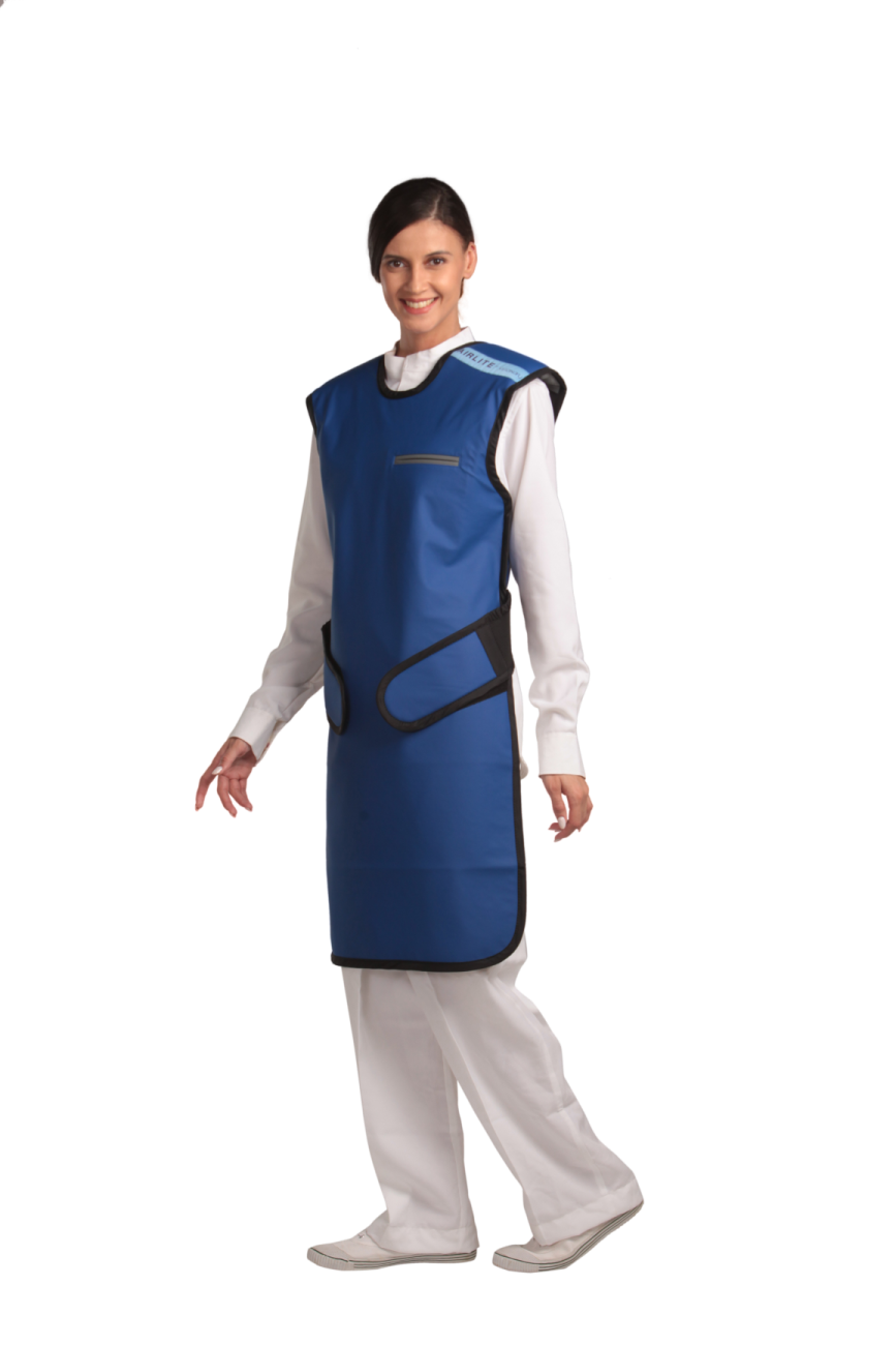 A partial fontal view of a female model wearing an electric blue, grey-lined coat apron.