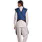 A full back view of a female model wearing an electric blue, grey-lined coat apron with flex back.