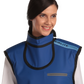 Frontal view of a female model wearing a blue thyroid collar “Slim” with black lines around the edges.