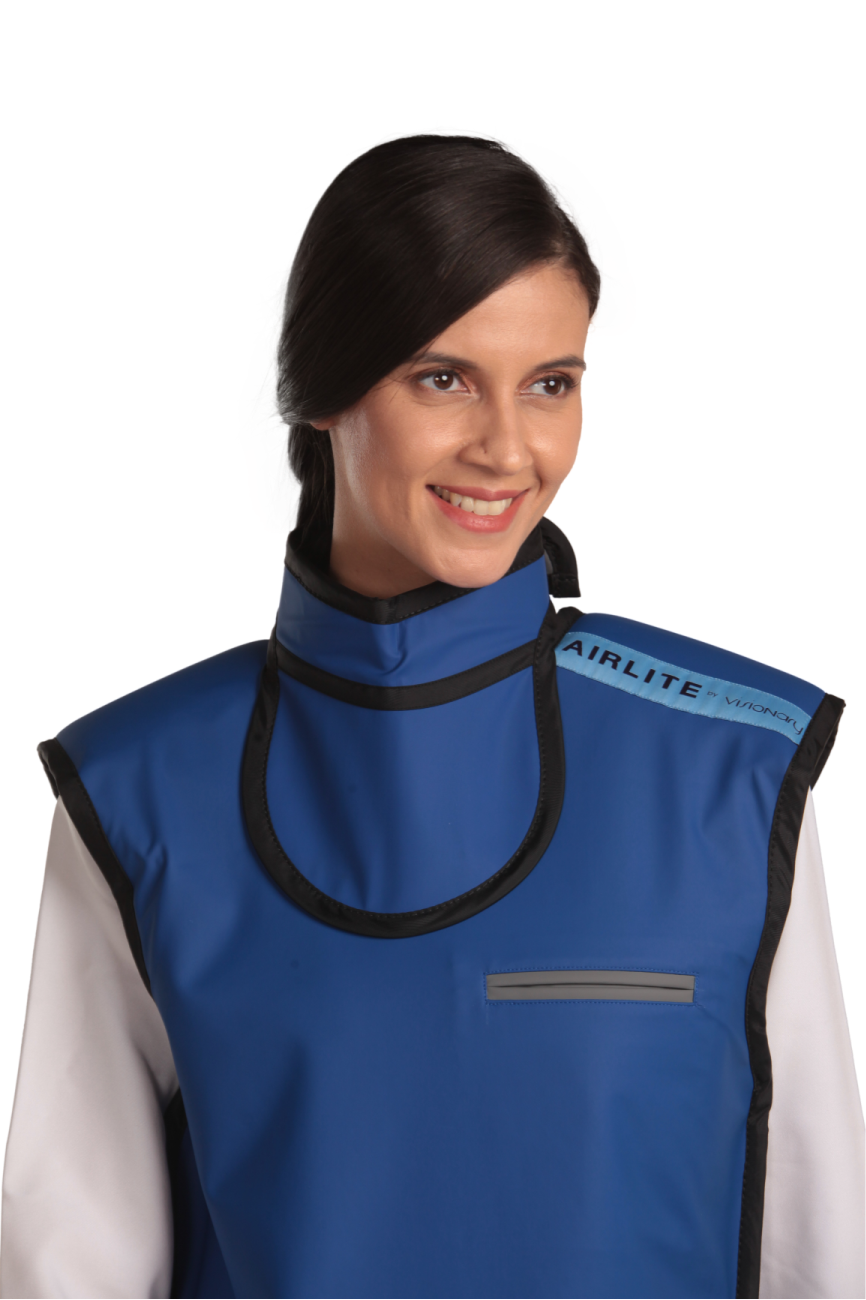 Frontal view of a female model wearing a blue thyroid collar “Slim” with black lines around the edges.