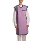 Front view of a female model wearing a lilac coat apron with flex back. 