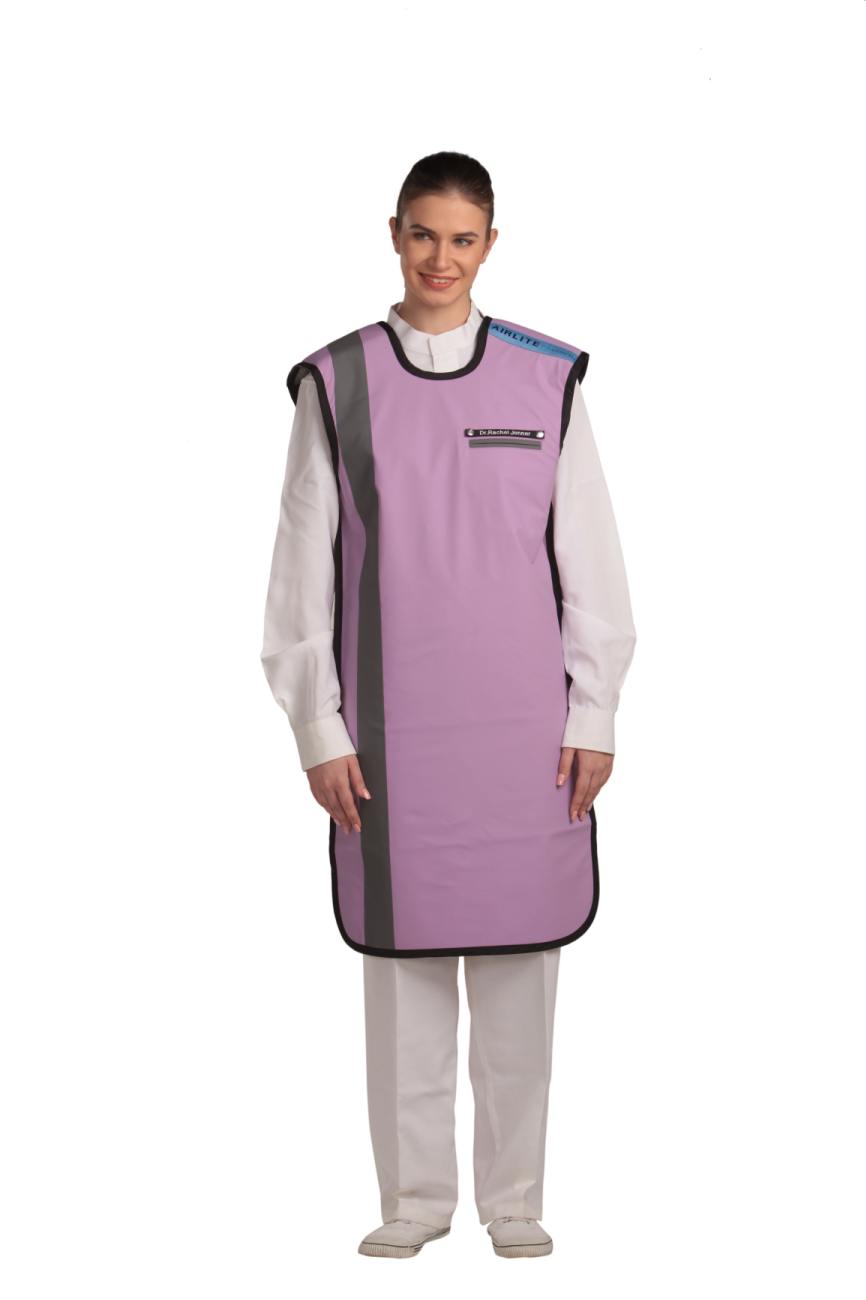 Front view of a female model wearing a lilac coat apron with flex back. 