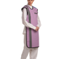 Right partial frontal view of a female model wearing a lilac coat apron with flex back. 