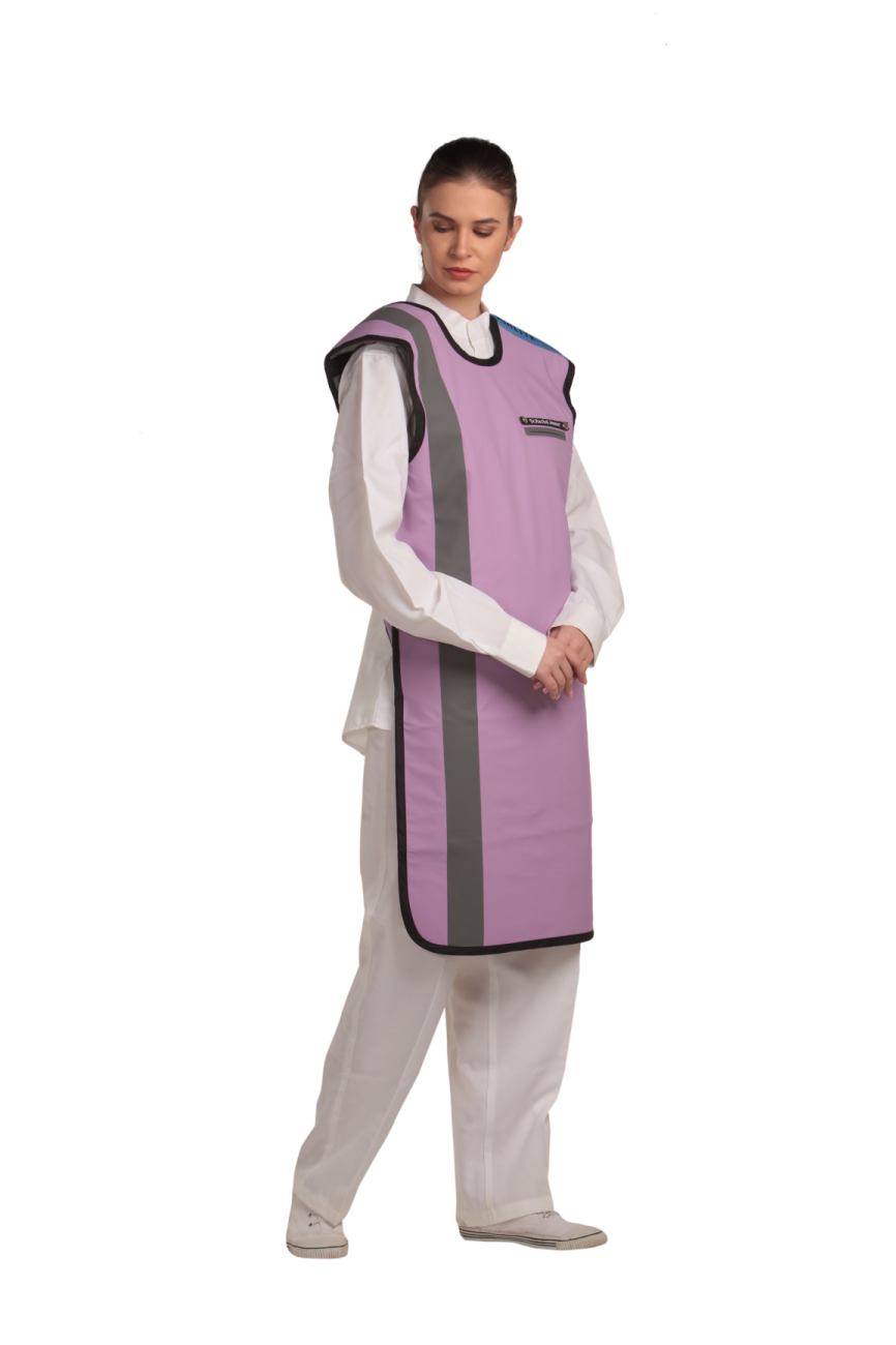 Right partial frontal view of a female model wearing a lilac coat apron with flex back. 