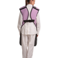 Back view of a female model wearing a lilac coat apron with flex back. 