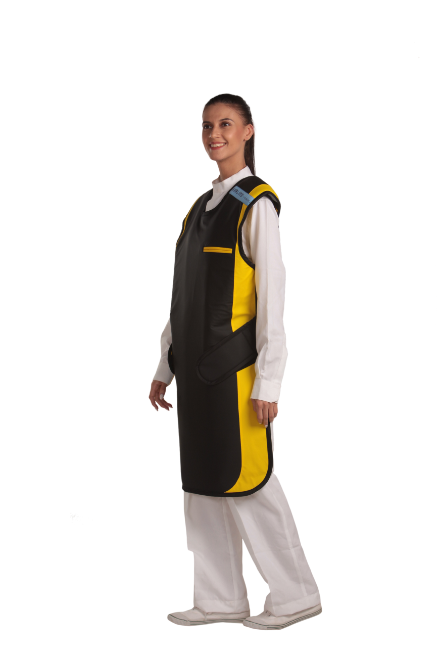 Frontal left-side view of a female model wearing a jet black, yellow-lined coat apron with flex back.