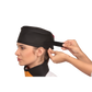 Up-close view of a black radiation protection head shield being fastened onto the head of a female model. 