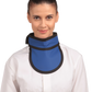 Frontal view of a female model wearing a blue thyroid collar “Slim” with black lines around the edges, and a velcro fastener at the back.
