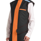 Frontal left-side view of a female model wearing a coat apron with an integrated thyroid guard. The apron is jet black with a tangerine-colored center line and has velcro fasteners by the sides.