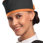 Up-close left-side frontal view of a female model wearing a radiation protection head shield. The head shield is Jet black with tangerine-colored lines around the lower and upper edges.