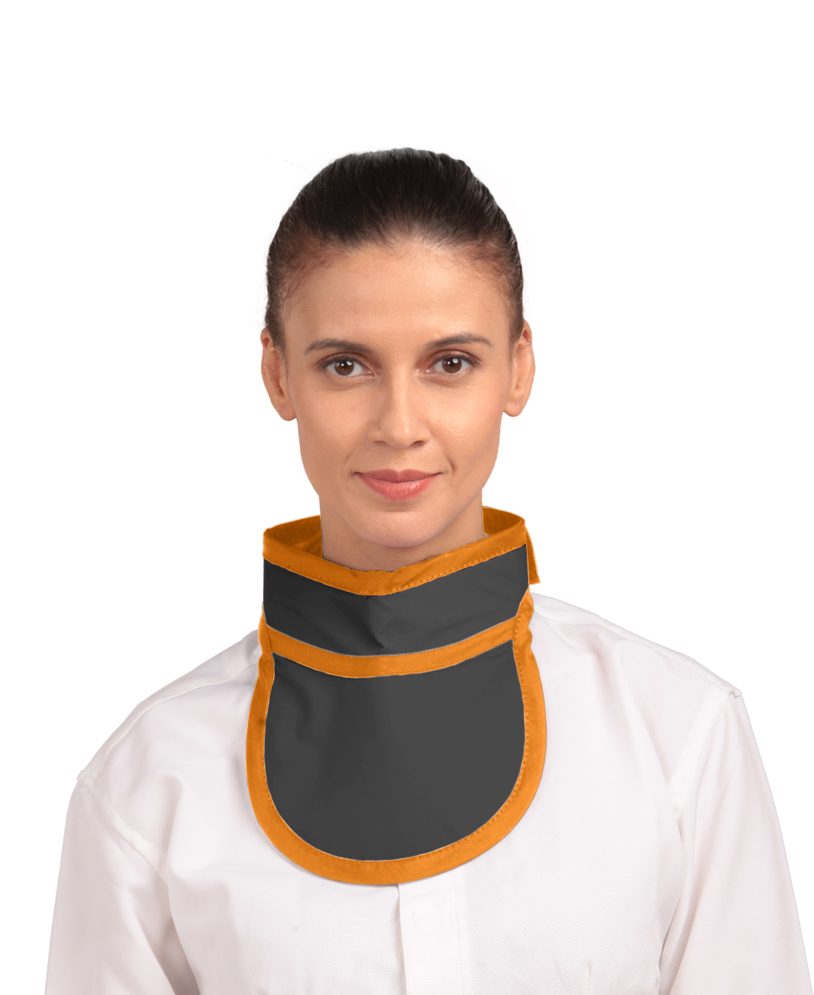 Frontal view of a female model wearing a jet black thyroid collar “Slim” lined with tangerine color around the outer edges.
