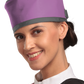 Up-close left-side frontal view of a female model wearing a radiation protection head shield. The head shield is Lilac with grey-colored lines around the lower and upper edges.