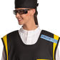 Up-close view of a female model wearing a radiation protection head shield, eyewear, and a coat apron. The apron is jet-black with yellow-colored lines by the edges.