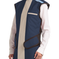 Frontal left-side view of a female model wearing a coat apron with an integrated thyroid guard. The apron is Navy blue with a beige-colored center line and has velcro fasteners by the sides.