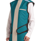 Frontal left-side view of a female model wearing a coat apron with an integrated thyroid guard. The apron is ocean green with a beige-colored center line and has velcro fasteners by the sides.