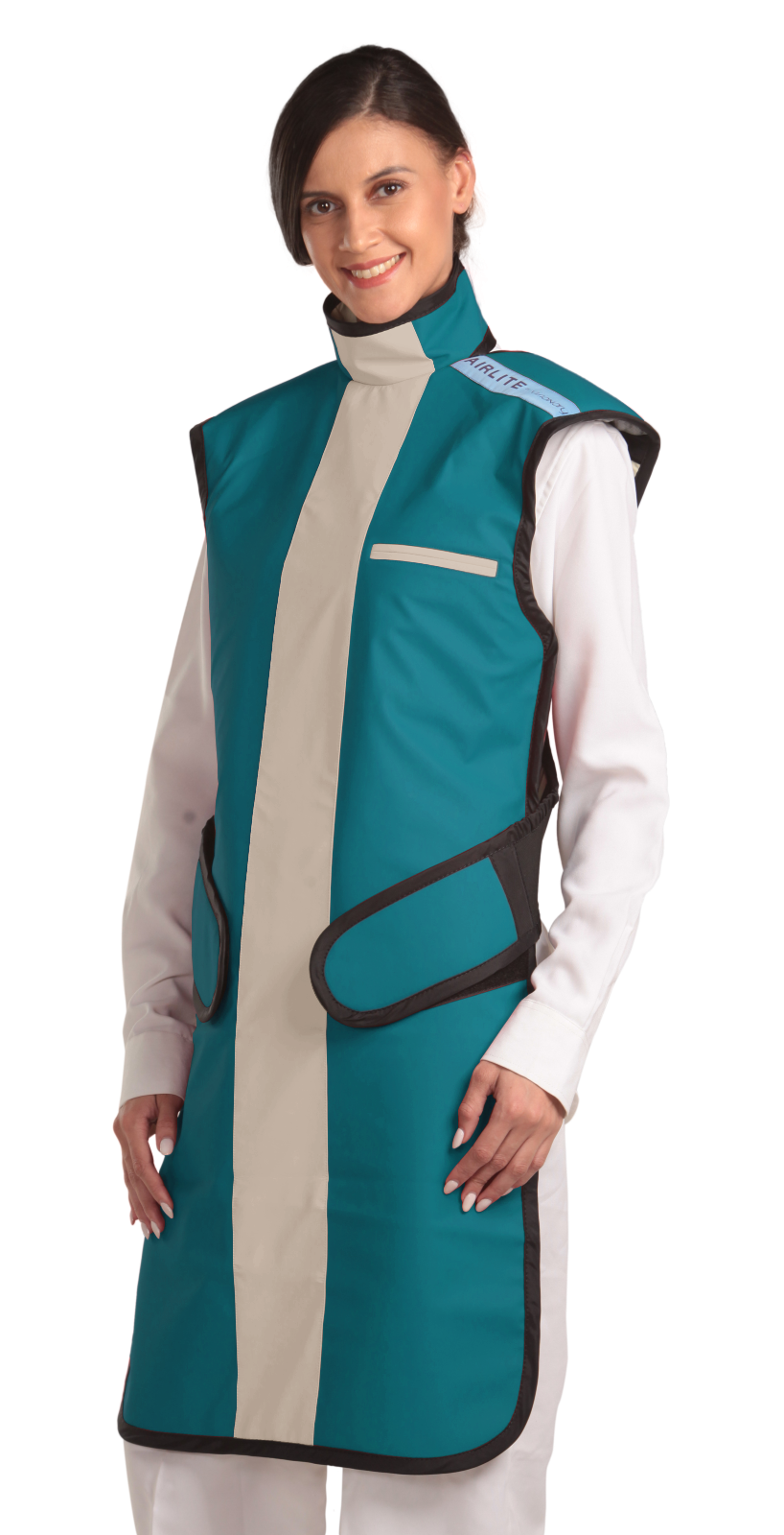 Frontal left-side view of a female model wearing a coat apron with an integrated thyroid guard. The apron is ocean green with a beige-colored center line and has velcro fasteners by the sides.