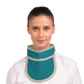 Frontal view of a female model wearing an ocean green thyroid collar “Slim” lined with beige color around the outer edges.