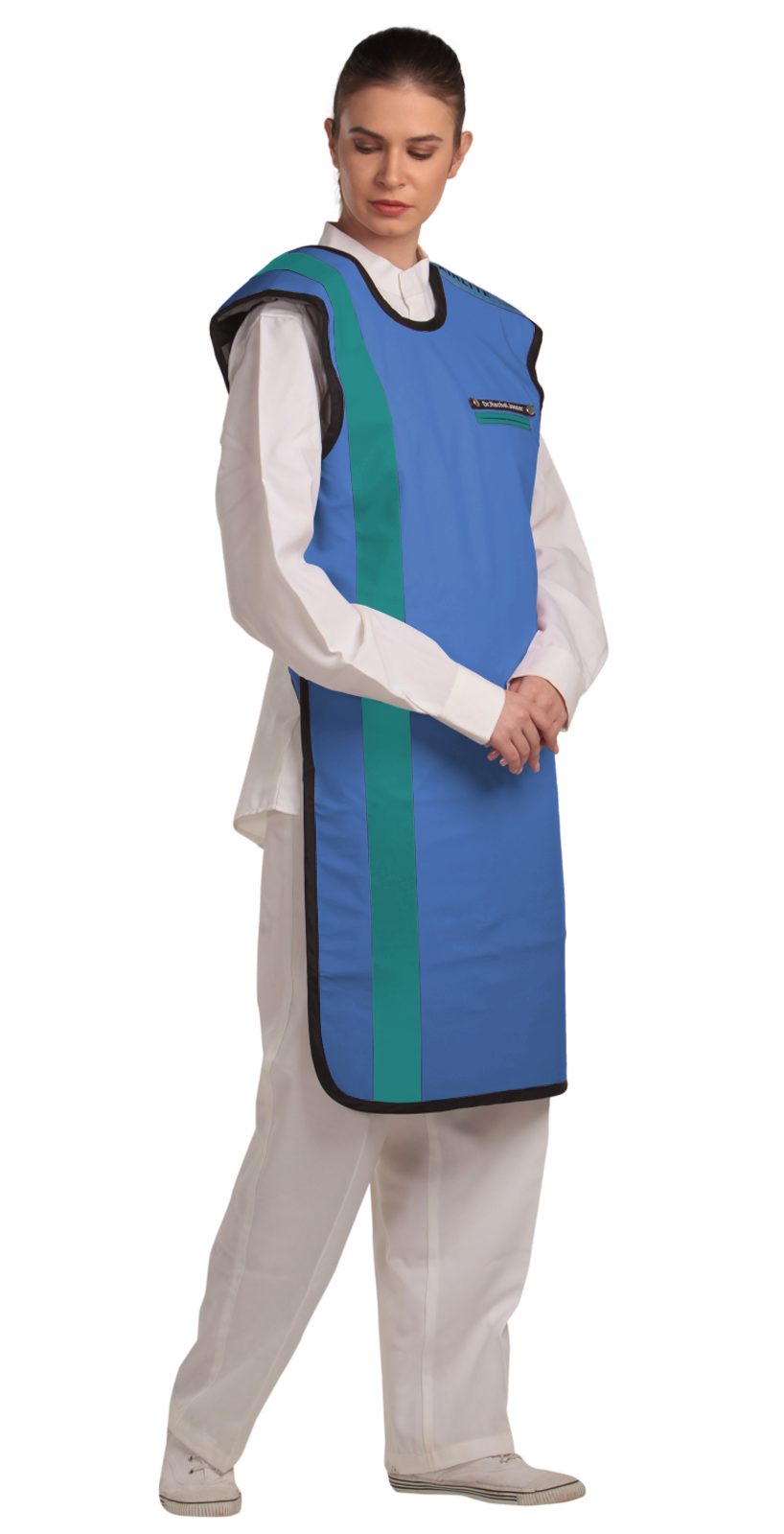 Right partial frontal view of a female model wearing an electric blue, ocean green-lined coat apron with flex back.