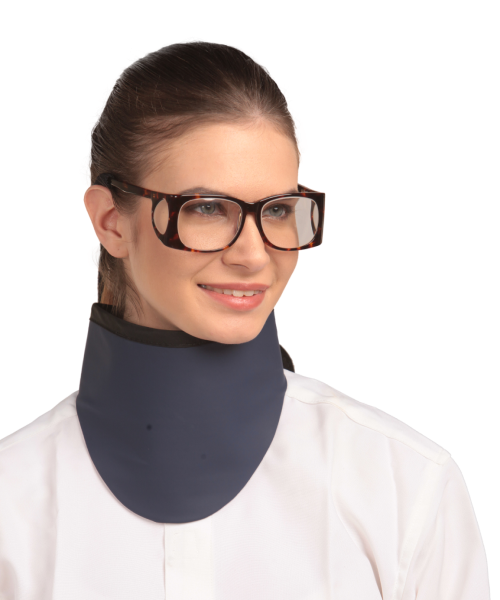 Side frontal view of a model wearing a radiation protection eyewear. 