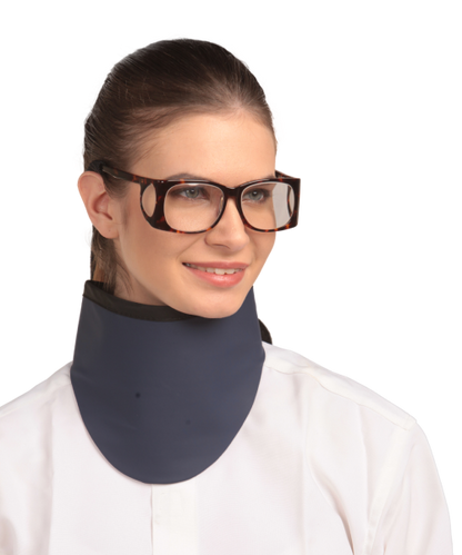 Side frontal view of a model wearing a radiation protection eyewear. 