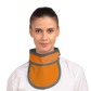 Frontal view of a female model wearing a tangerine color thyroid collar “Slim” lined with grey color around the outer edges.