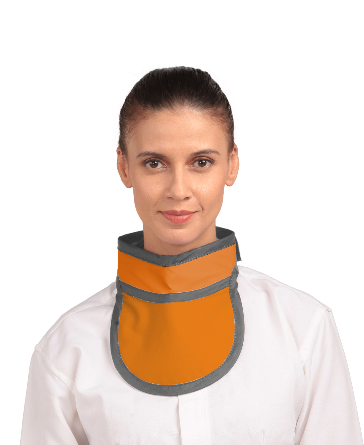 Frontal view of a female model wearing a tangerine color thyroid collar “Slim” lined with grey color around the outer edges.