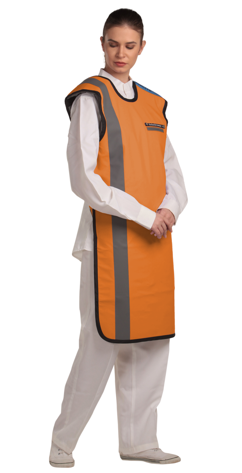 Right partial frontal view of a female model wearing a tangerine, grey-lined coat apron with flex back.